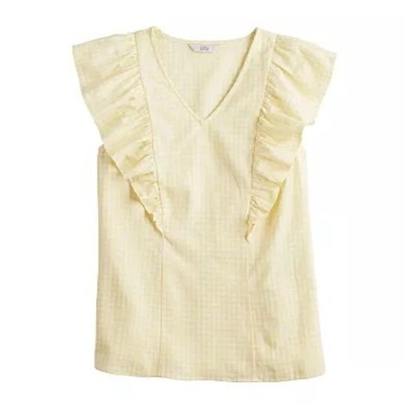 Women's Sleeveless Ruffle Top XXL Yellow NWT ruffle spring top Linen checkered - Picture 3 of 3